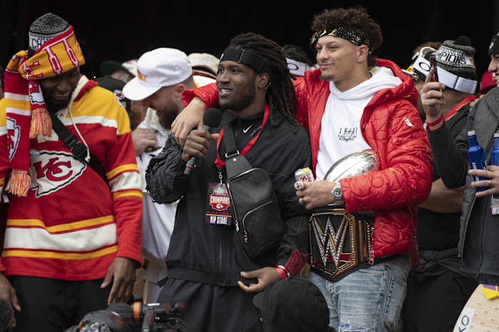 Feb 15, 2023; Kansas City, MO, USA; Kansas City Chiefs linebacker Nick Bolton gives a speech at the Super Bowl LVII Champions Parade in downtown Kansas City, Mo. Mandatory Credit: Amy Kontras-USA TODAY Sports  